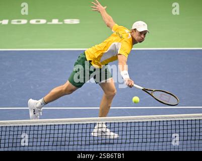 Stockholm, Schweden. Februar 2025. STOCKHOLM, SCHWEDEN 20250201John Peers im Einzelspiel gegen Leo Borg im Davis Cup Spiel zwischen Schweden und Australien in der Royal Tennis Hall in Stockholm, Schweden. Foto: Jonas Ekströmer/TT/Code 10030 Credit: TT News Agency/Alamy Live News Stockfoto