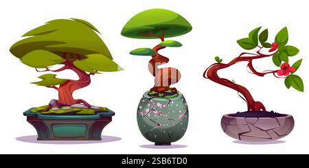 Bonsai-Bäume, isoliert auf weiß. Vektor-Karikaturillustration von exotischen grünen Pflanzen mit Blumen und kurvigen Zweigen in Stein- und Keramikvasen, tra Stock Vektor