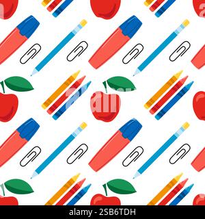 Nahtloses Vektormuster mit Motivelementen für die Schule. Buchbleistift, Lineale. . Vektorabbildung Stock Vektor