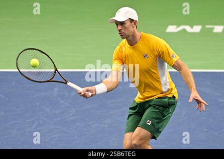 Stockholm, Schweden. Februar 2025. STOCKHOLM, SCHWEDEN 20250201John Peers im Einzelspiel gegen Leo Borg im Davis Cup Spiel zwischen Schweden und Australien in der Royal Tennis Hall in Stockholm, Schweden. Foto: Jonas Ekströmer/TT/Code 10030 Credit: TT News Agency/Alamy Live News Stockfoto