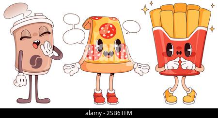 Fastfood-Zeichentrickfiguren - gähnende Kaffeetasse mit Bohnenlogo und Dampf, Peperoni-Pizzablättchen mit Sprechblasen, funkelnde Pommes Frites in Rot Stock Vektor