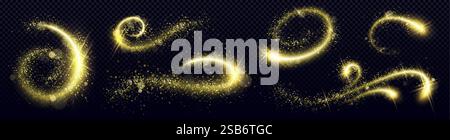 Goldenes Glitzerwirbel mit funkelnden Pfaden - leuchtend geschwungene Pfade mit magischen Sternenstaubpartikeln und hellen Glitzern auf dunklem Hintergrund Stock Vektor