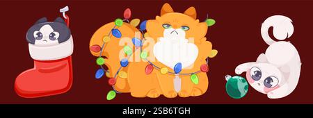 Weihnachtskätzchen Set mit festlichen Feiertagselementen - schwarze Katze in rotem Strumpf, Ingwerpelztier in Lichterkette verwickelt, weiße verspielte Katze mit Stock Vektor