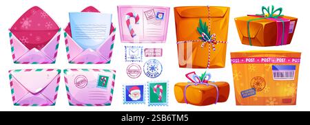 Zeichentrickfilm-Weihnachtspost-Sammlung - rosafarbene Umschläge mit Schneeflockenmuster, braune Paketboxen, festliche Briefmarken, versiegelte Briefe, Luft Stock Vektor