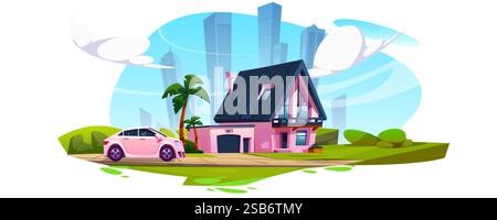Modernes rosafarbenes Haus mit dunklem Dach und Garage, Auto parkt in der Einfahrt. Palmen in der Nähe von Vorstadtgrundstücken auf blauem Hintergrund der Skyline der Stadt. Grüner Rasen sur Stock Vektor