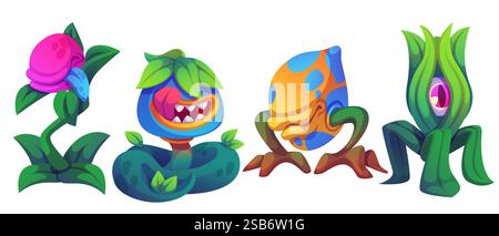 Fleischfressende Fantasy-Pflanzen mit Comic-Monsterelementen. Magische Flora Set - rosa Knospen mit grünem Laub, blau lächelnde Kreatur mit Zähnen, gefleckt Stock Vektor