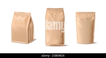 Braune Papiertüten isoliert auf weißem Hintergrund. Vektor-realistische Illustration von 3D-Handwerkstaschen-Mockups mit Reißverschluss und leerer Oberfläche für Produkt Stock Vektor