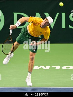 Stockholm, Schweden. Februar 2025. STOCKHOLM, SCHWEDEN 20250201John Peers im Einzelspiel gegen Leo Borg im Davis Cup Spiel zwischen Schweden und Australien in der Royal Tennis Hall in Stockholm, Schweden. Foto: Jonas Ekströmer/TT/Code 10030 Credit: TT News Agency/Alamy Live News Stockfoto