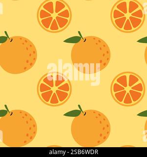 Ein lebendiges Muster zeigt ganze Orangen und Orangenscheiben auf einem sonnigen gelben Hintergrund. Das Design zeigt die Frucht mit grünen Blättern, wodurch ein Stock Vektor
