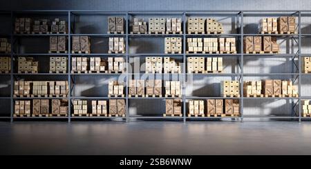 3D-Veredelungsarbeiten des Ladungssystems. Metallregale voller Kisten, Kartons, Paletten. Illustration des Lagers im Innenbereich. Stockfoto