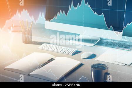 3D Darstellung des Börsenkonzepts. Mehrfach belichtete Darstellung des freiberuflichen Arbeitsplatzes und des Computerbildschirms. Online-Finanzanalyse. Stockfoto
