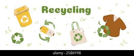 Diese Grafik betont das Recycling durch Symbole wie Abfallbehälter, Batterien und wiederverwendbare Beutel und fördert so umweltfreundliche Praktiken. Stock Vektor