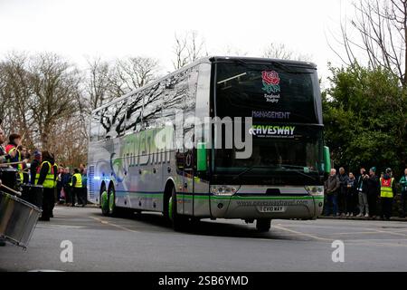 1. Februar 2025; Aviva Stadium, Dublin, Irland: Six Nations International Rugby, Irland gegen England; der englische Mannschaftsbus kommt am Aviva Stadium an Stockfoto