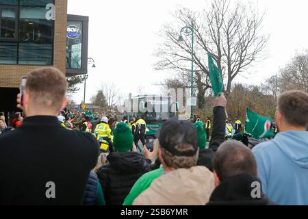 1. Februar 2025; Aviva Stadium, Dublin, Irland: Six Nations International Rugby, Irland gegen England; der irische Mannschaftsbus kommt am Aviva Stadium an Stockfoto