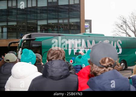 1. Februar 2025; Aviva Stadium, Dublin, Irland: Six Nations International Rugby, Irland gegen England; der irische Mannschaftsbus kommt am Aviva Stadium an Stockfoto