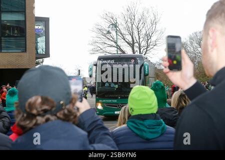 1. Februar 2025; Aviva Stadium, Dublin, Irland: Six Nations International Rugby, Irland gegen England; der irische Mannschaftsbus kommt am Aviva Stadium an Stockfoto