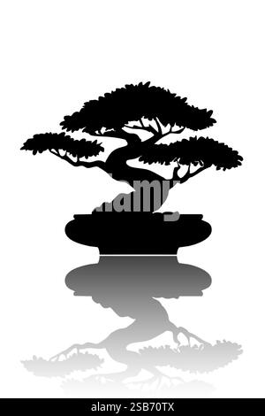Japanische Baumkunst Bonsai in einem keramischen Bonsaitopf. Vektorillustration Alte Baumsilhouette, Logodesign isoliert auf weißem Hintergrund Stock Vektor
