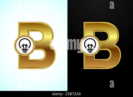 Englischer Buchstabe B mit elektrischer Glühlampe in Goldfarbe, Creative Idea Logo-Konzept Stock Vektor