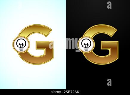 Englischer Buchstabe G mit elektrischer Glühlampe in Goldfarbe, Creative Idea Logo-Konzept Stock Vektor