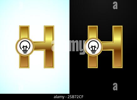 Englischer Buchstabe H mit elektrischer Glühlampe in Goldfarbe, Creative Idea Logo-Konzept Stock Vektor