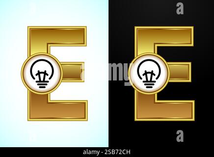 Englischer Buchstabe E mit elektrischer Glühlampe in Goldfarbe, Creative Idea Logo-Konzept Stock Vektor