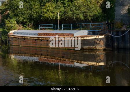 Ein verwitterter Lastkahn sitzt noch auf einem Wasserweg, dessen Reflexion sich im Wasser spiegelt. Das umliegende Grün trägt zur Ruhe der Szene bei. Stockfoto