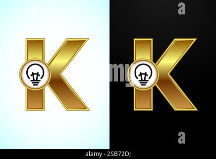 Englischer Buchstabe K mit elektrischer Glühlampe in Goldfarbe, Creative Idea Logo-Konzept Stock Vektor