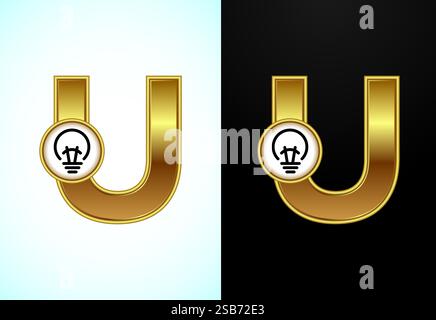 Englischer Buchstabe U mit elektrischer Glühlampe in Goldfarbe, Creative Idea Logo-Konzept Stock Vektor