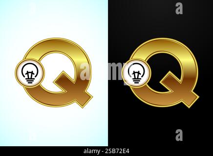 Englischer Buchstabe Q mit elektrischer Glühlampe in Goldfarbe, Creative Idea Logo-Konzept Stock Vektor
