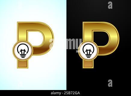 Englischer Buchstabe P mit elektrischer Glühlampe in Goldfarbe, Creative Idea Logo-Konzept Stock Vektor
