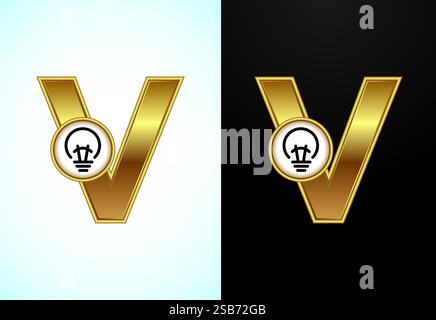 Englischer Buchstabe V mit elektrischer Glühlampe in Goldfarbe, Creative Idea Logo-Konzept Stock Vektor