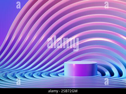 Trendiges holographisches Podium in Neonlicht für Produkt-, Kosmetik- und Parfümpräsentation. 3D-Rendering-Hintergrund in leuchtenden Pastellfarben. Packen Sie das Mockup. Stockfoto