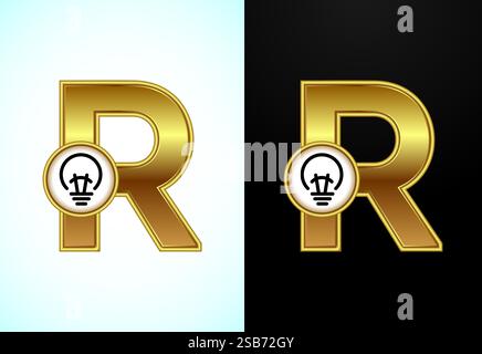 Englischer Buchstabe R mit elektrischer Glühlampe in Goldfarbe, Creative Idea Logo-Konzept Stock Vektor