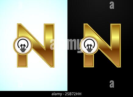 Englischer Buchstabe N mit elektrischer Glühlampe in Goldfarbe, Creative Idea Logo-Konzept Stock Vektor