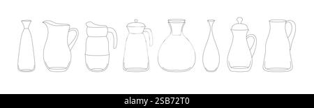 Eine Linienzeichnung, die eine Gruppe verschiedener Flaschen in einer Komposition darstellt. Die Flaschen variieren in Größe, Form und Design und bieten eine Reihe von Glas Stock Vektor
