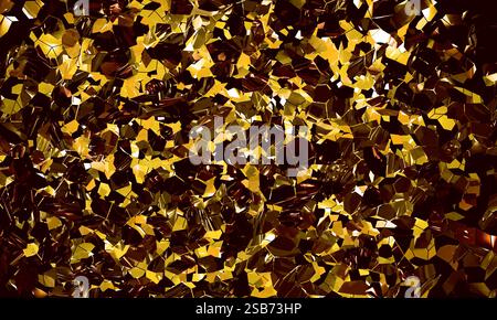 3D-Darstellung von fliegenden Partikeln nach der Explosion. Goldene Metallpartikel. Abstrakter Hintergrund. Stockfoto