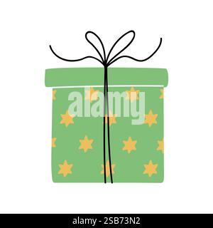 Buntes Geschenk, das in grünes Papier gewickelt ist und mit gelben Sternen verziert ist, mit einem schwarzen Band und einer Schleife auf der Oberseite verziert ist. Stock Vektor