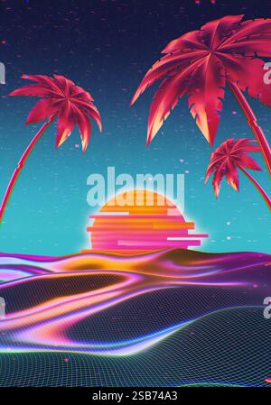 Futuristische Retro-Illustration im Stil der 1980er Jahre. Spektrales Gelände mit lebhaften Palmen vor Cyber-Laser-Sonnenuntergang. Heller Neonhintergrund im a4-format Stockfoto