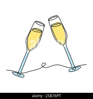 Zwei elegante Sektgläser gefüllt mit spritzigem Drink kreisen zu einem freudigen Toast zusammen und symbolisieren Feier und besondere Momente, die gemeinsam genutzt werden. Stock Vektor