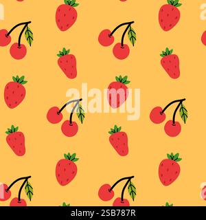 Dieses lebhafte Design zeigt ein verspieltes Arrangement von Erdbeeren auf einem fröhlichen gelben Hintergrund. Die hellen Farben erzeugen ein lebendiges AT Stock Vektor
