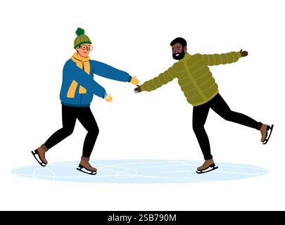 Freunde können an einem sonnigen Nachmittag gemeinsam auf einer Winterbahn Schlittschuhlaufen Stock Vektor