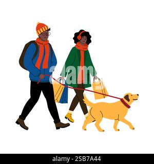 Paare gehen mit ihrem Hund, während sie an einem kühlen Tag Einkaufstaschen tragen Stock Vektor