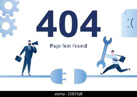 404 Fehler, Vorlage für Zielseite nicht gefunden. Geschäftsleute verwenden Megaphon und führen Programmiergerät mit Schraubenschlüssel aus. Lustige winzige Leute. Website unter Constructi Stock Vektor