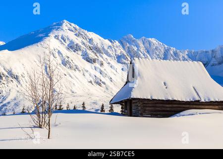 Alte hölzerne Berghütte in wunderschöner Winterlandschaft des Gasienicowa-Tals, Tatra-Berge, Polen Stockfoto