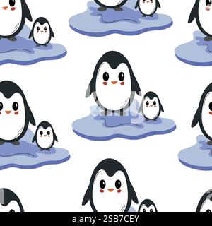 Niedliche Pinguine auf Eis in einem verspielten Muster, perfekt für Stoff- oder Tapetendesign Stock Vektor