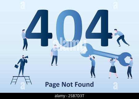 404 Fehler, Seite nicht gefunden Hintergrund. Geschäftsleute mit Zahlen, Programmierer tragen einen Schraubenschlüssel. Winzige Leute, Vorlage für Landing-Page. Standort im Aufbau Stock Vektor