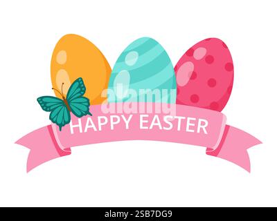 Bunte Ostereier mit Band, Text Happy Easter. Federzusammensetzung. Vektorabbildung. Bannerdesign Stock Vektor