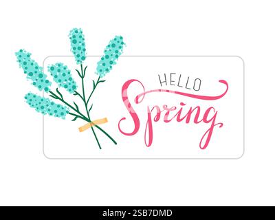 Hallo Frühling Ein wunderschönes florales Grußdesign mit schönen und lebendigen blauen Blumen. Vektorabbildung. Auf weißem Hintergrund. Begrüßung. Stock Vektor