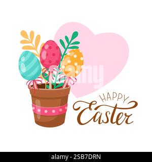 Ein lebhafter und farbenfroher Blumenstrauß von Ostereiern, wunderschön in einem dekorativen Topf angeordnet. Frohe Ostern. Vektorabbildung. Auf weißem Hintergrund. Stock Vektor