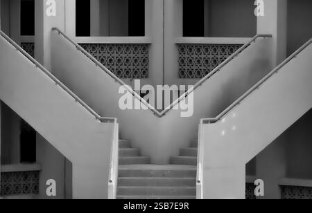 Symmetric Treecase Art: Ein Schwarz-weiß-Foto, das eine symmetrische Treppe mit komplexen architektonischen Details zeigt. Stockfoto
